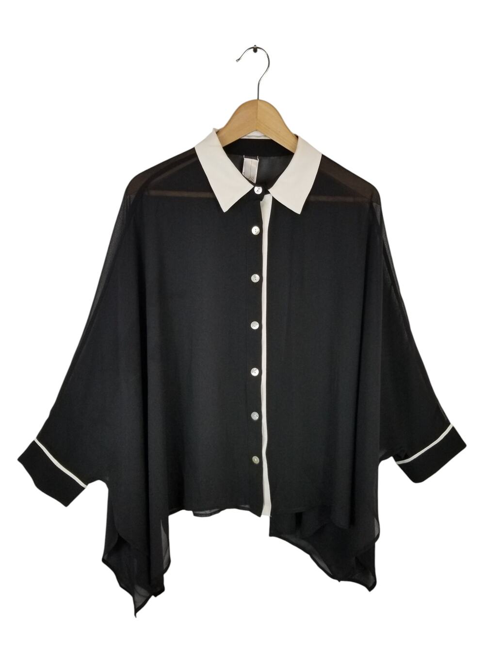 Marla Wynne Layers Sheer Chiffon Drape Boxy Oversized Blouse Black Ivory Large